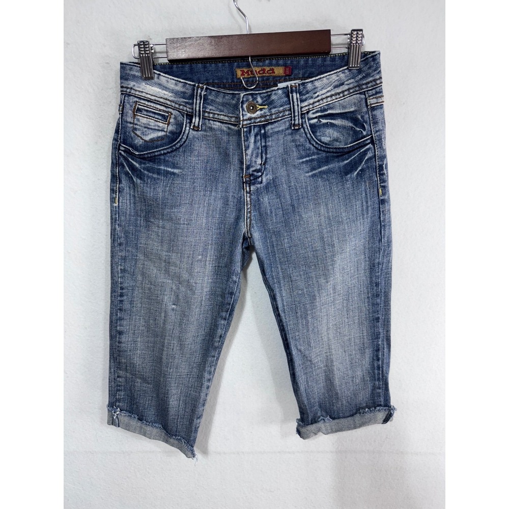 Vintage Mudd Juniors Size 5 Blue Denim Bermuda Shorts Capri‎ Y2K Distressed